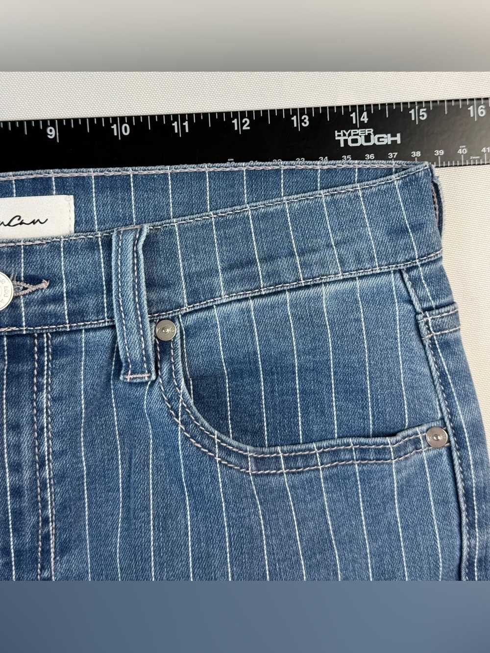 KanCan Pinstripe Flare Jeans Size 9/28 High Rise Blue Denim Bell Bottoms - Picture 6 of 10